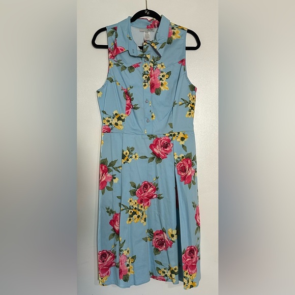 Unique Vintage Light Blue & Blooming Floral Print Button Up Swing Dress NWT L - Picture 2 of 10